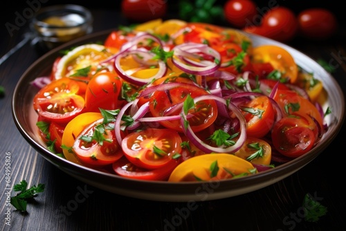 Tomato salad with sweet red onion and basil. Generative AI