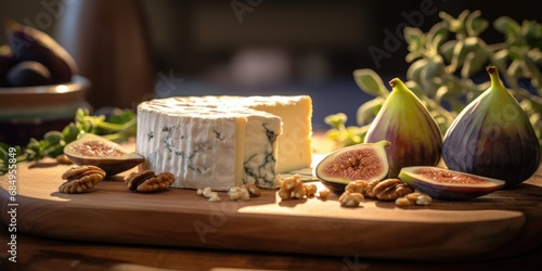 Cheese with figs and nuts on a wooden cutting board