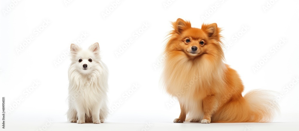 In a beautifully isolated white background, a fashionable dog exudes love, adorned with a white, happy and cute coat. Its orange fur contrasts with its red collar, portraying a purebred, carnivorous
