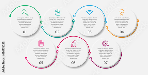 simple infographic vector design 7 steps or parts, circles with thin and thick lines, icons, text, numbers, for flow diagrams, presentations and your business