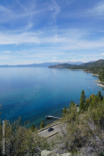 Scenic view of mountains and forested coastline of the East Shore of Lake Tahoe from the top of Cave Rock  Nevada    