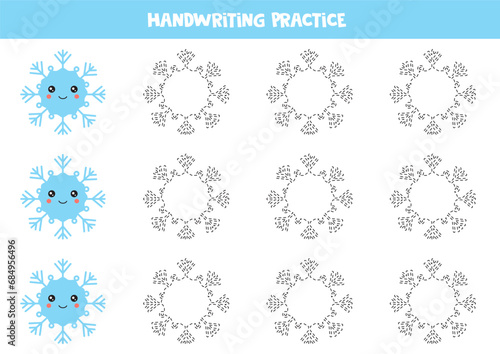 Tracing lines for kids with cute snowflakes. Writing practice.