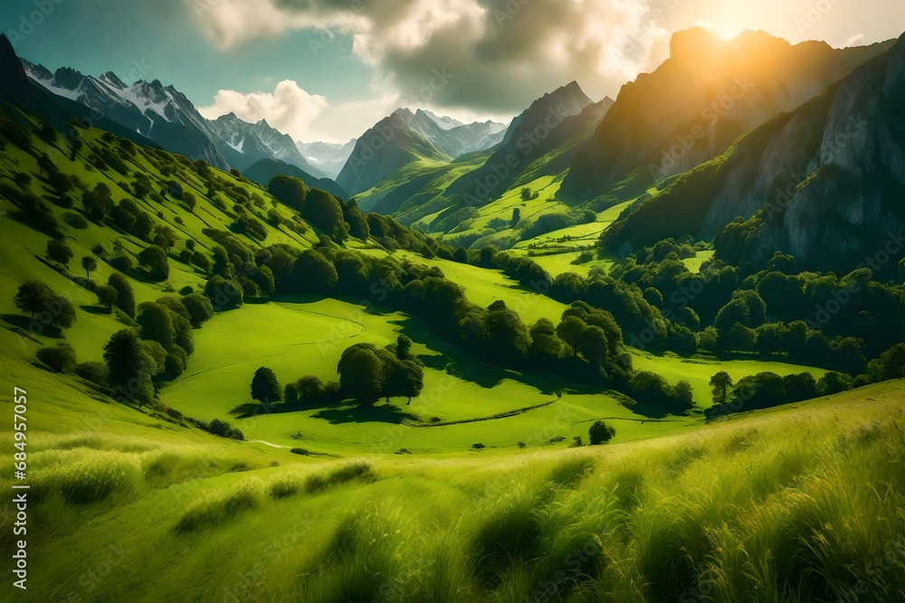 Majestic view of beautiful lush green valley with trees and colorful grass against picturesque high mountains in asturias in spain - obrazy, fototapety, plakaty 