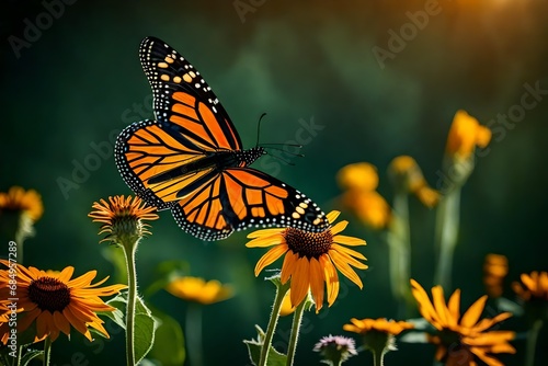 monarch butterfly on flower. Image of a butterfly Monarch on sunflower with blurry background.  © usman