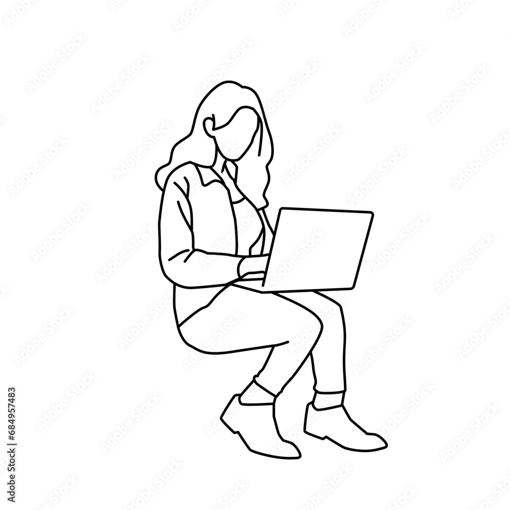 woman sitting working on laptop, person people simple vector illustration, outline style, silhouette woman sitting working on laptop, person people simple vector illustration, outline style, silhouette