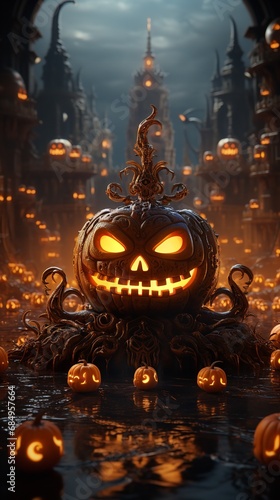 The city's glowing pumpkin decorations for the holiday. Generative Ai.