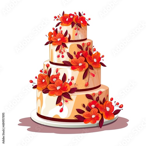 Teir cake is decorated with icing on a white background. photo