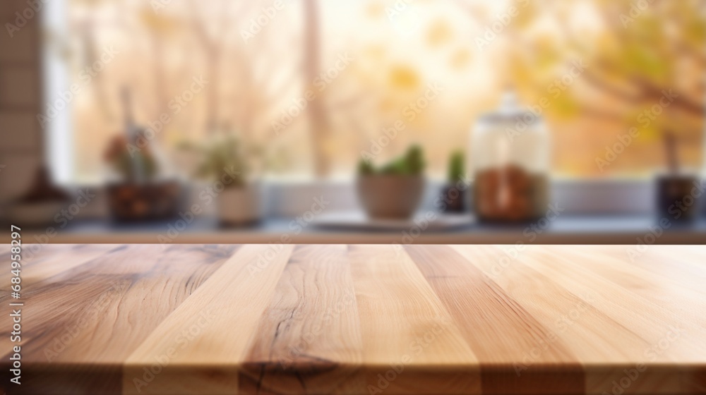Wooden table on blurred kitchen bench background, Ai Generate 