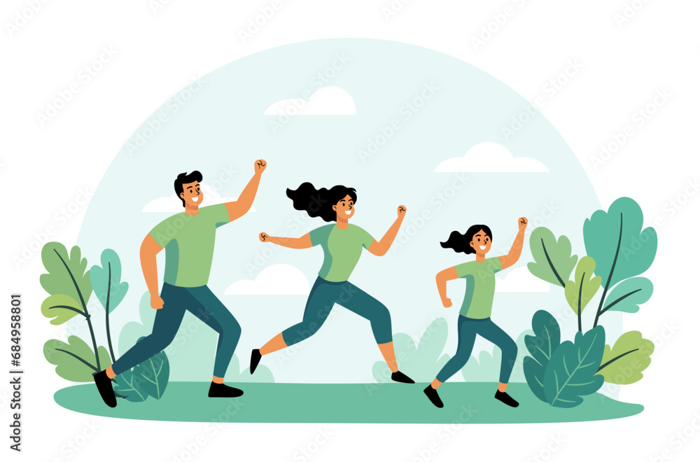 The cheerful Healthy people run for exercise happily with big smiles in the park. Flat Style Cartoon Illustration.