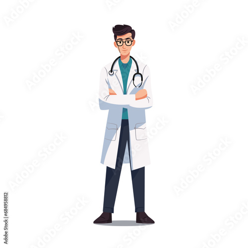 The doctor is standing confidently with crossed arms. Flat Style Cartoon Illustration.