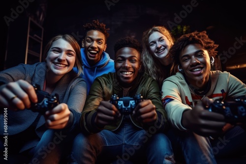 Group of happy young female and male gamers playing video games together. enthusiastically playing game console and pc game photo