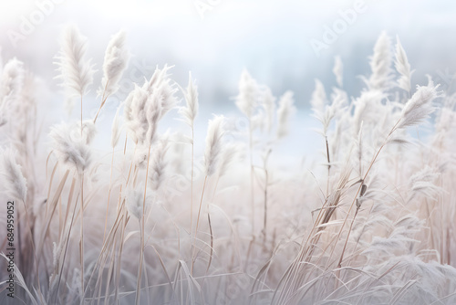 Winter landscape with frost-covered dry plants during snowfall.