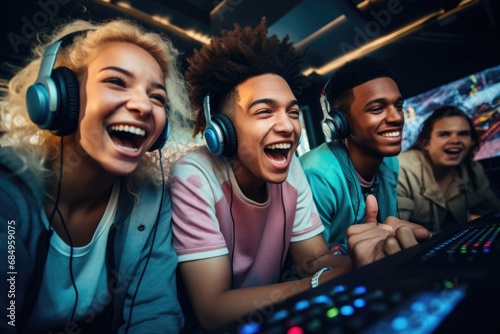 Group of happy young female and male gamers playing video games together. enthusiastically playing game console and pc game photo