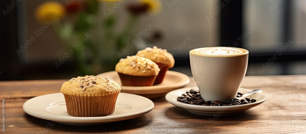 At the cozy wooden cafe, an Asian breakfast was served, consisting of healthy white rice, black coffee, and a dark chocolate muffin, a wholesome start to the day filled with natural nutrition At the cozy wooden cafe, an Asian breakfast was served, consisting of healthy white rice, black coffee, and a dark chocolate muffin, a wholesome start to the day filled with natural nutrition
