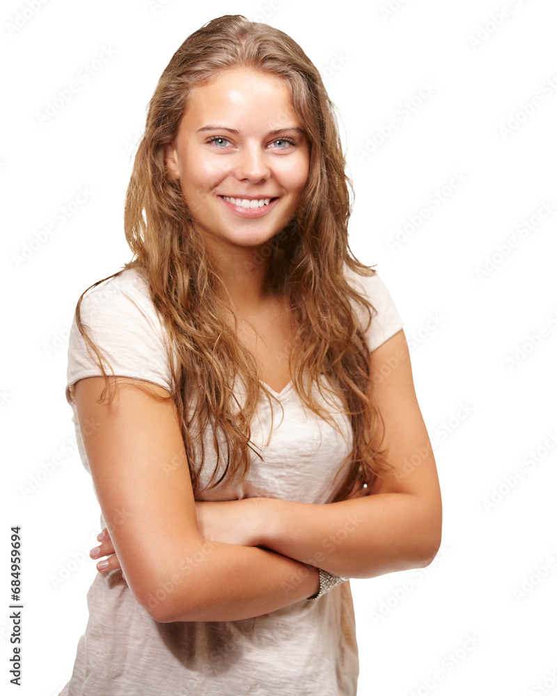 Portrait, happiness and woman arms crossed, relax and smile for wellness, casual fashion and confidence. Headshot, fashionable and beautiful female model isolated on a transparent, png background Portrait, happiness and woman arms crossed, relax and smile for wellness, casual fashion and confidence. Headshot, fashionable and beautiful female model isolated on a transparent, png background