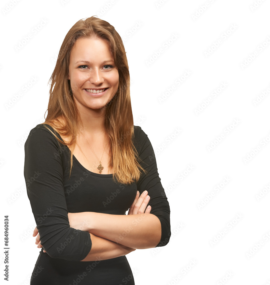 Fashion, happy and portrait of woman with crossed arms on isolated, png and transparent background. Happy, natural face and person with confidence, pride and beauty in trendy, style or casual clothes Fashion, happy and portrait of woman with crossed arms on isolated, png and transparent background. Happy, natural face and person with confidence, pride and beauty in trendy, style or casual clothes