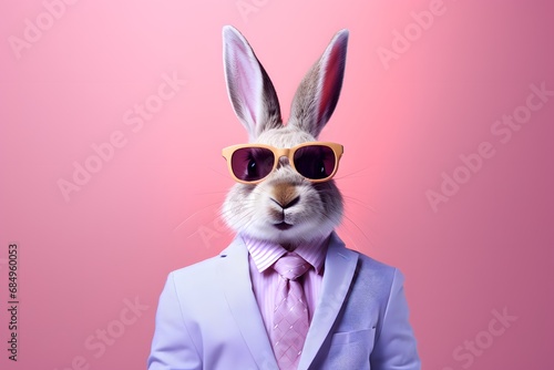 Business funny cute bunny rabbit on pastel background. © Pacharee
