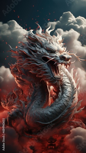 Chinese Dragon in the Clouds. Generative Ai. © MinixT