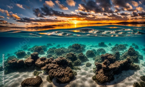 Split underwater view with sunny sky and serene sea © karandaev