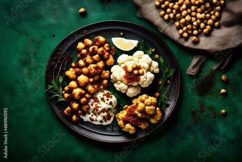 Top view of delicious roasted cauliflower with mashed potatoes and spiced harissa chickpeas served on ceramic plate on green table background