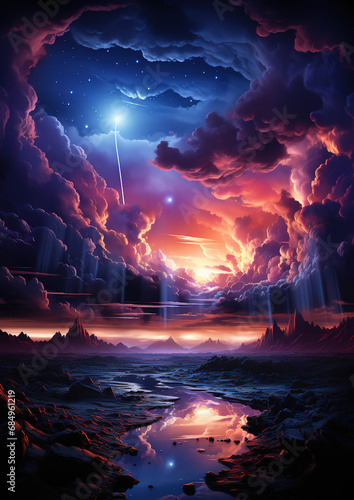 Mystical Horizon: A Fantasy Landscape Under a Purple Sky