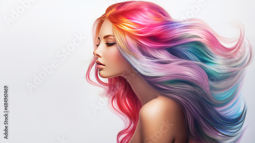 a girl with long multicolored hair advertising beauty and paint