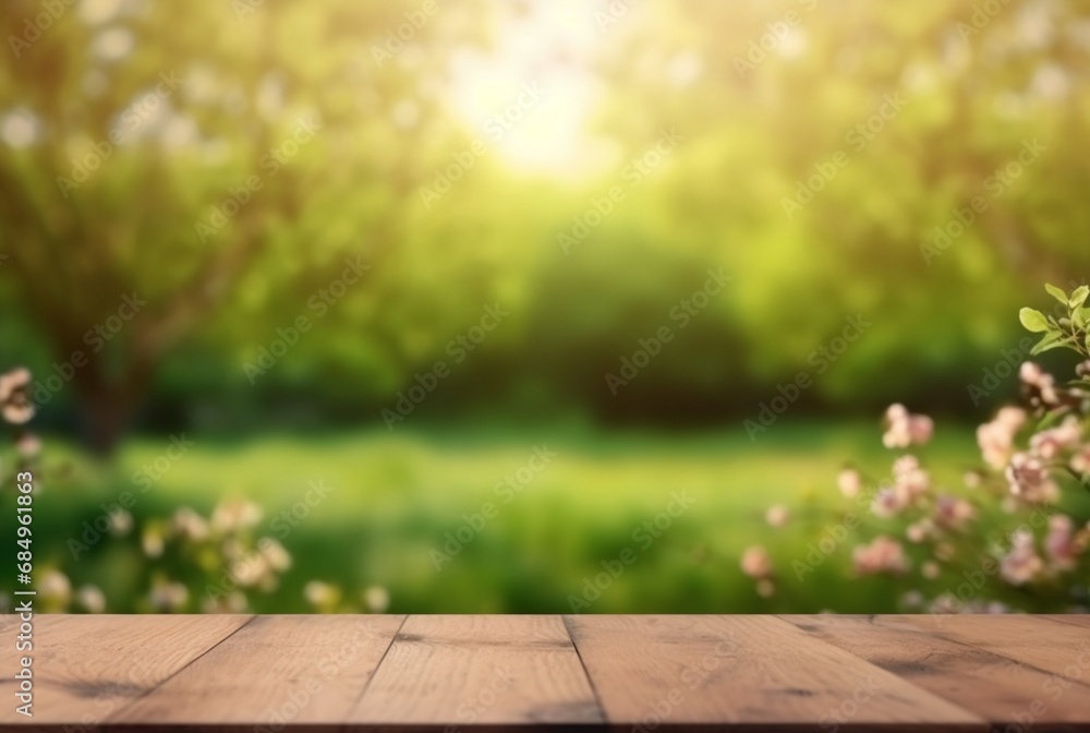 beautiful spring green landscape background with empty table. generative ai beautiful spring green landscape background with empty table. generative ai