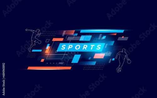 Sports background, national sports day celebration concept, with interactive abstract geometric ornaments and illustrations of sports athletes football and basketball players photo