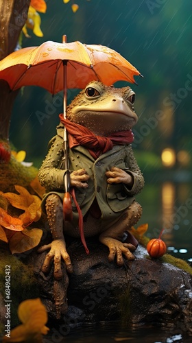 Frog with an umbrella. Generative Ai.