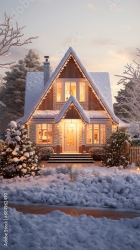 Outside of a Christmas home amid the snow. Generative Ai. © MinixT