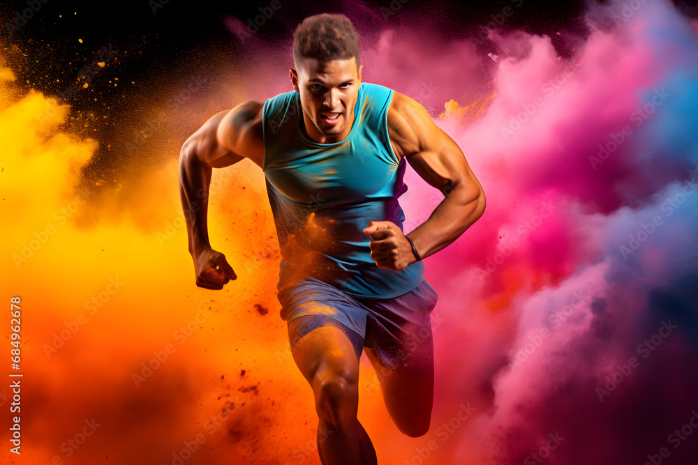 Energetic Sprint and a Burst of Willpower in Vibrant Colors in a Studio Shot Capturing the Dynamic Motion of a Determined Runner.