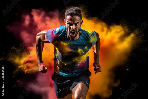 Energetic Sprint and a Burst of Willpower in Vibrant Colors in a Studio Shot Capturing the Dynamic Motion of a Determined Runner.