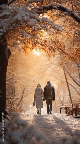 An elderly couple walks through a park. Generative Ai.