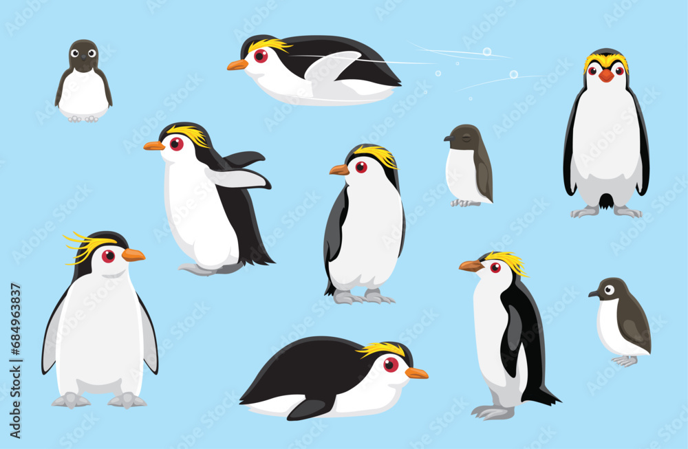 Fototapeta premium Royal Penguin Chick Cute Bird Winter Set Cartoon Vector
