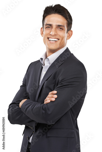 Portrait, arms crossed or professional realtor, happy man or property developer smile for sales experience, job or career. Confident, work or real estate agent isolated on transparent, png background photo