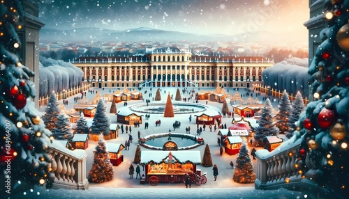 A winter holiday scene at Vienna's Schönbrunn Palace with snowfall, festive decorations and a Christmas market, showcasing the palace's grand architec