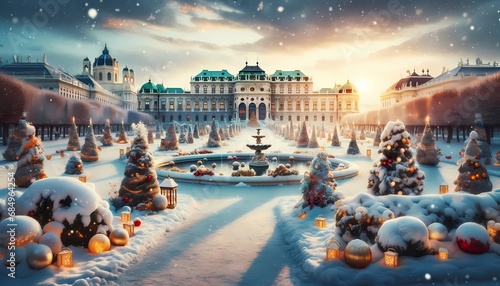 A picturesque winter scene in Vienna's Belvedere Palace gardens, with snow-covered grounds and festive decorations, as a 16 9 Christmas wallpaper photo