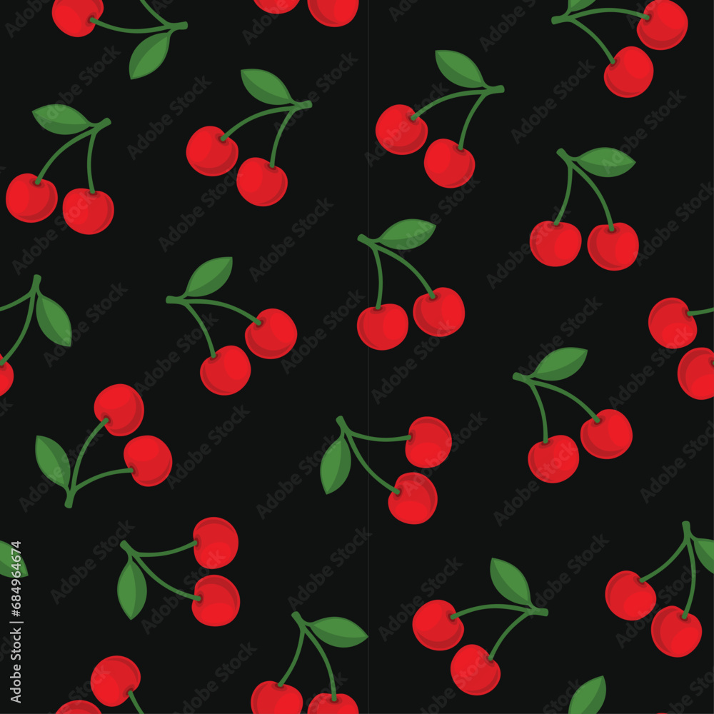 Red Cherry Seamless Pattern. Black Background. Vector Red Cherry Seamless Pattern. Black Background. Vector