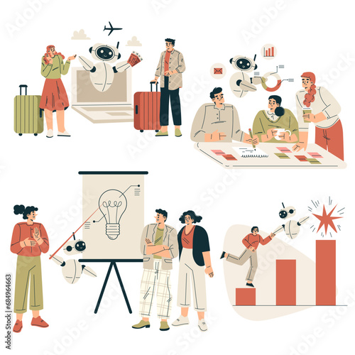 Artificial Intelligence Technology with People Character Interacting with Smart Bot Vector Set