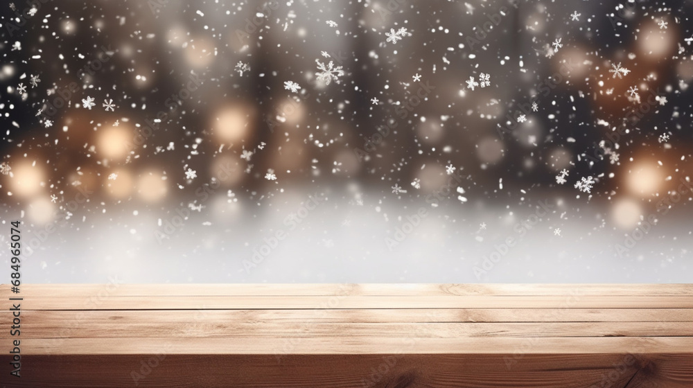 Wooden table background with bokeh Christmas decoration or New Year. Generative Ai. Wooden table background with bokeh Christmas decoration or New Year. Generative Ai.