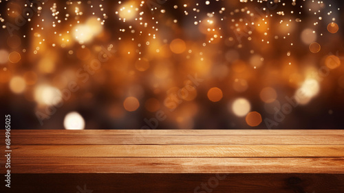 Wooden table background with bokeh Christmas decoration or New Year. Generative Ai.