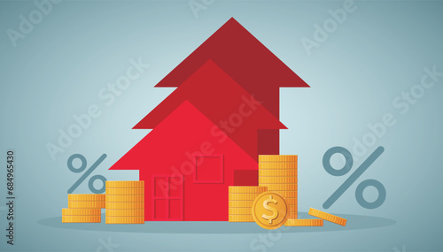 House model like up arrow on background, finance and banking about house concept, investment ideas about real estate.house loan, housing price.
