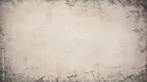 Grunge empty creased paper texture with torn edges frame and faded vignette border. Dirty distressed vintage 8k 16:9 weathered old wrinkled photo background. Retro transparent overlay