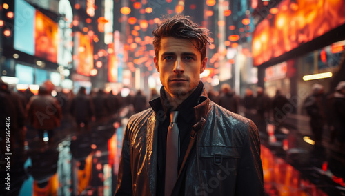 Handsome young man in New York City, wearing a black leather jacket, standing in Times Square,Generative AI