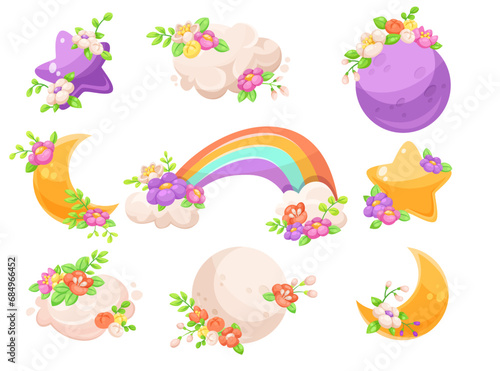 Celestial Body with Flower Adornment as Sky Object Vector Set