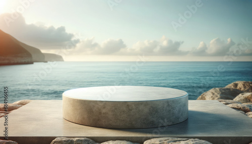 an empty round stone table set against a blurred sea background, presented in a wide landscape format. provide a calm and serene atmosphere, ideal for product display or as an elegant background.