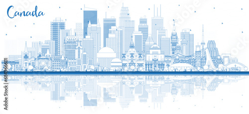 Outline Canada City Skyline with Blue Buildings and reflections. Concept with Historic Architecture. Canada Cityscape with Landmarks. Ottawa. Toronto. Montreal. Vancouver.