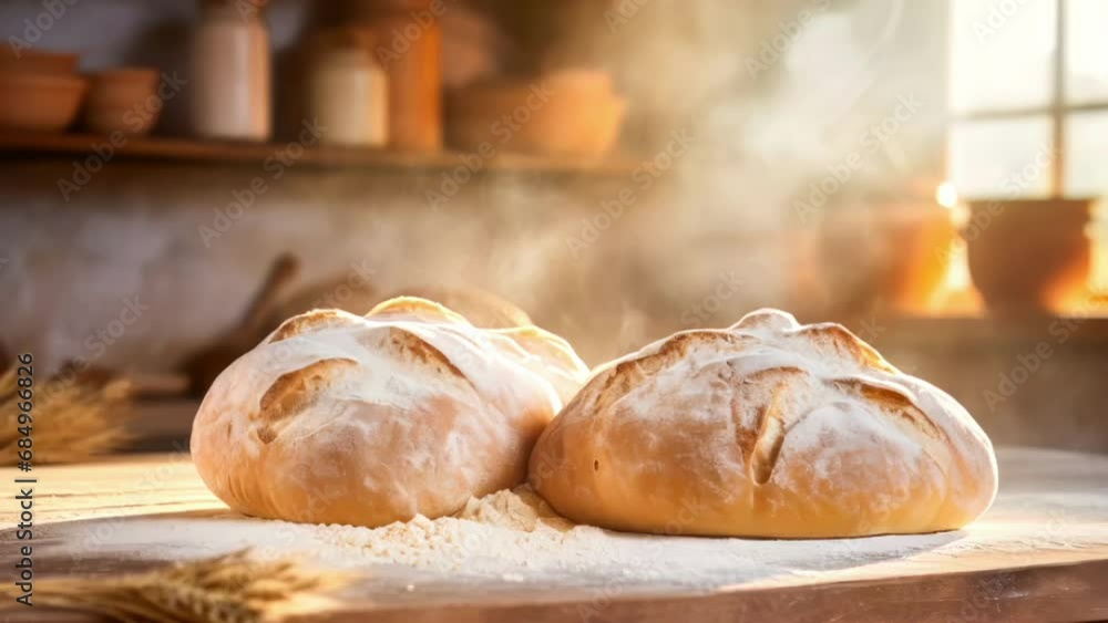 Fresh breads on table in flour placer. Fresh bread on the kitchen table in bakery shop. Healthy eating and traditional bakery concept. Rustic style Fresh breads on table in flour placer. Fresh bread on the kitchen table in bakery shop. Healthy eating and traditional bakery concept. Rustic style