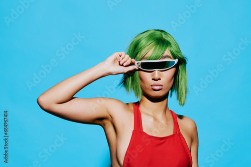 Woman summer fashion beauty trendy sunglasses eyes wig swimsuit portrait smile