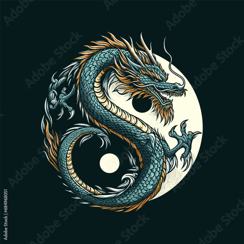 Fotografie Asian Dragon with Yin Yang Symbol Illustration for t-shirt print or sweater, hoo